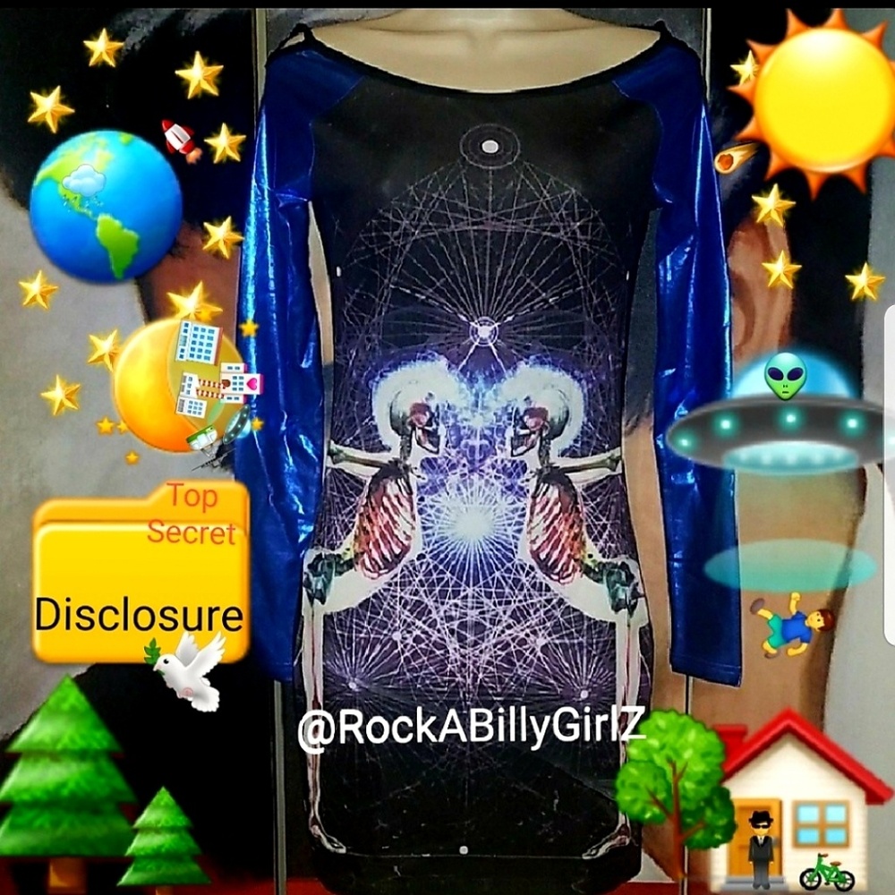 Rat Baby Kissing Skeletons Raglan Bodycon Dress w Blue Metallic Long Sleeves